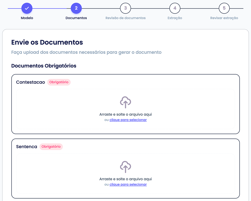 Tela de envio de documentos — passo Modelo e Documentos do fluxo